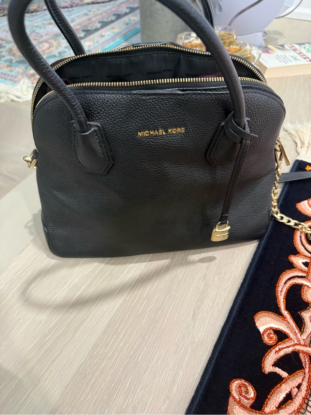 Michael Kors Black Pebbled Leather Satchel with Gold Hardware